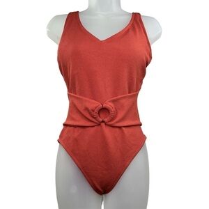 NWT Ellen Tracy Women Swimsuit Size 12 Earthly Red Lightly Padded, O Ring Belted